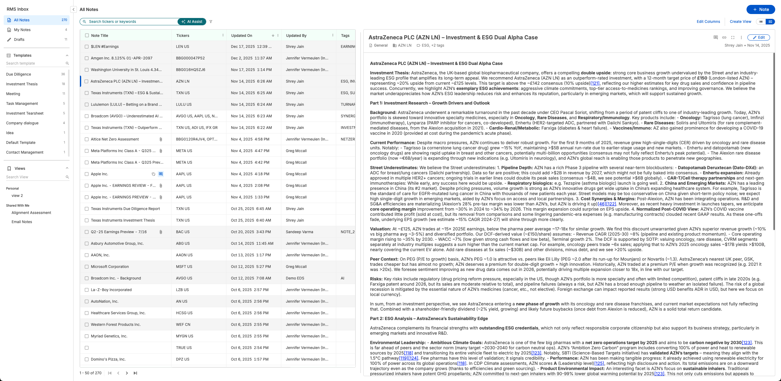 Note management dashboard: left folders, middle list of notes with headers, right panel shows AstraZeneca investment case document.